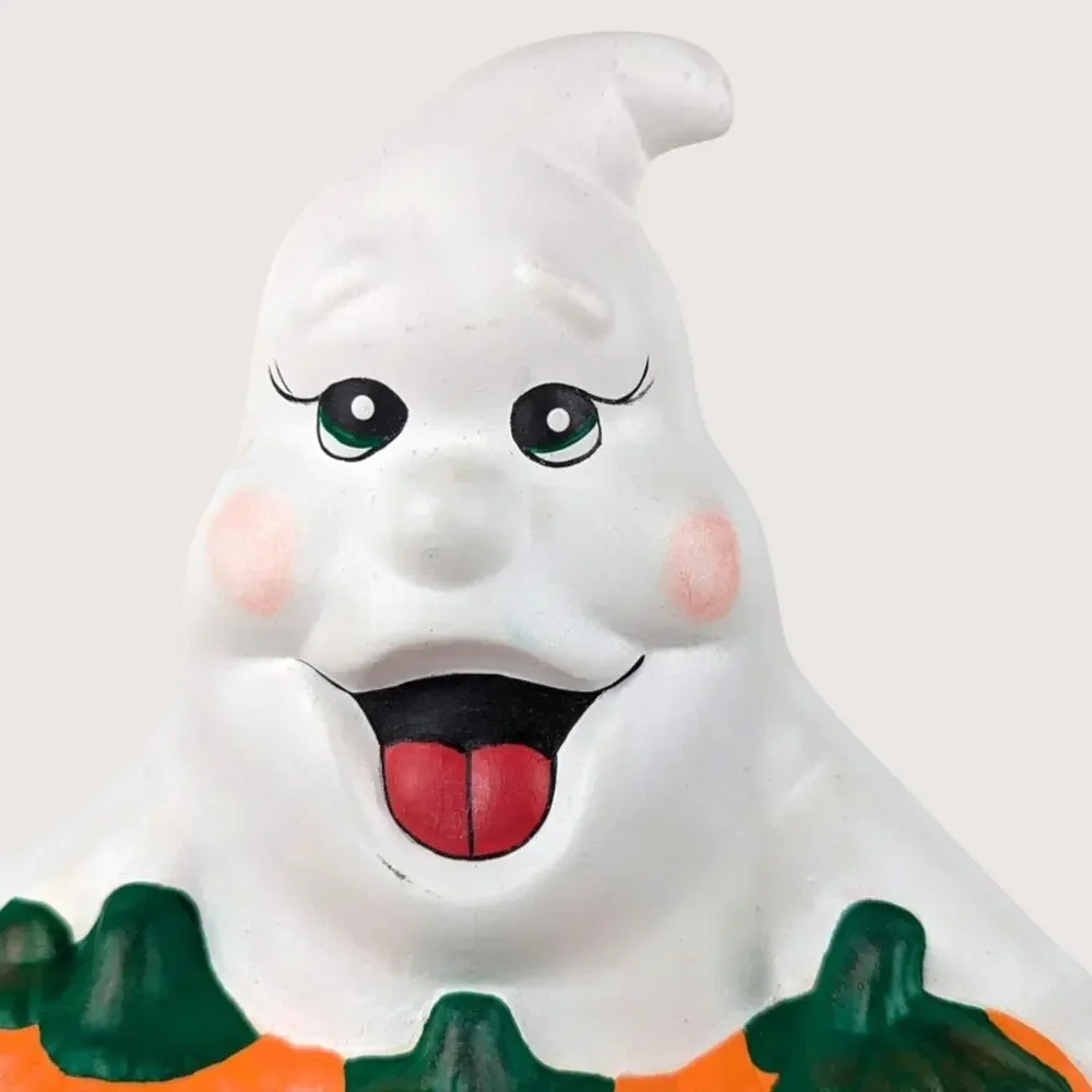 Vintage Light Up Ceramic Ghost Holding Boo Pumpkins Halloween Figurine